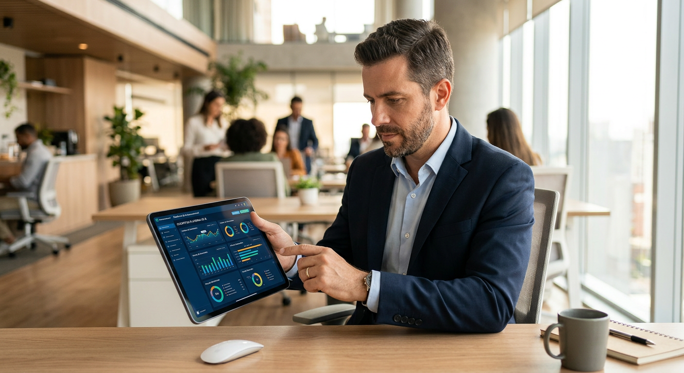 Empresário analisando dashboard de uma plataforma de IA conversacional em um tablet moderno