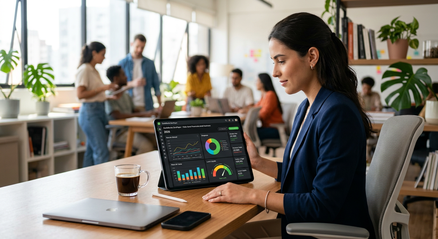 Modern digital dashboard showing QuickBooks ZeroPaper financial analytics for a small business in 2026