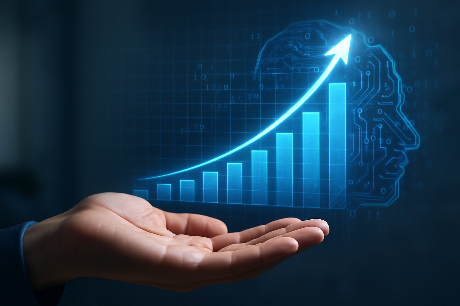 Gráfico de crescimento exponencial com elementos de inteligência artificial e dados, representando o growth marketing com IA