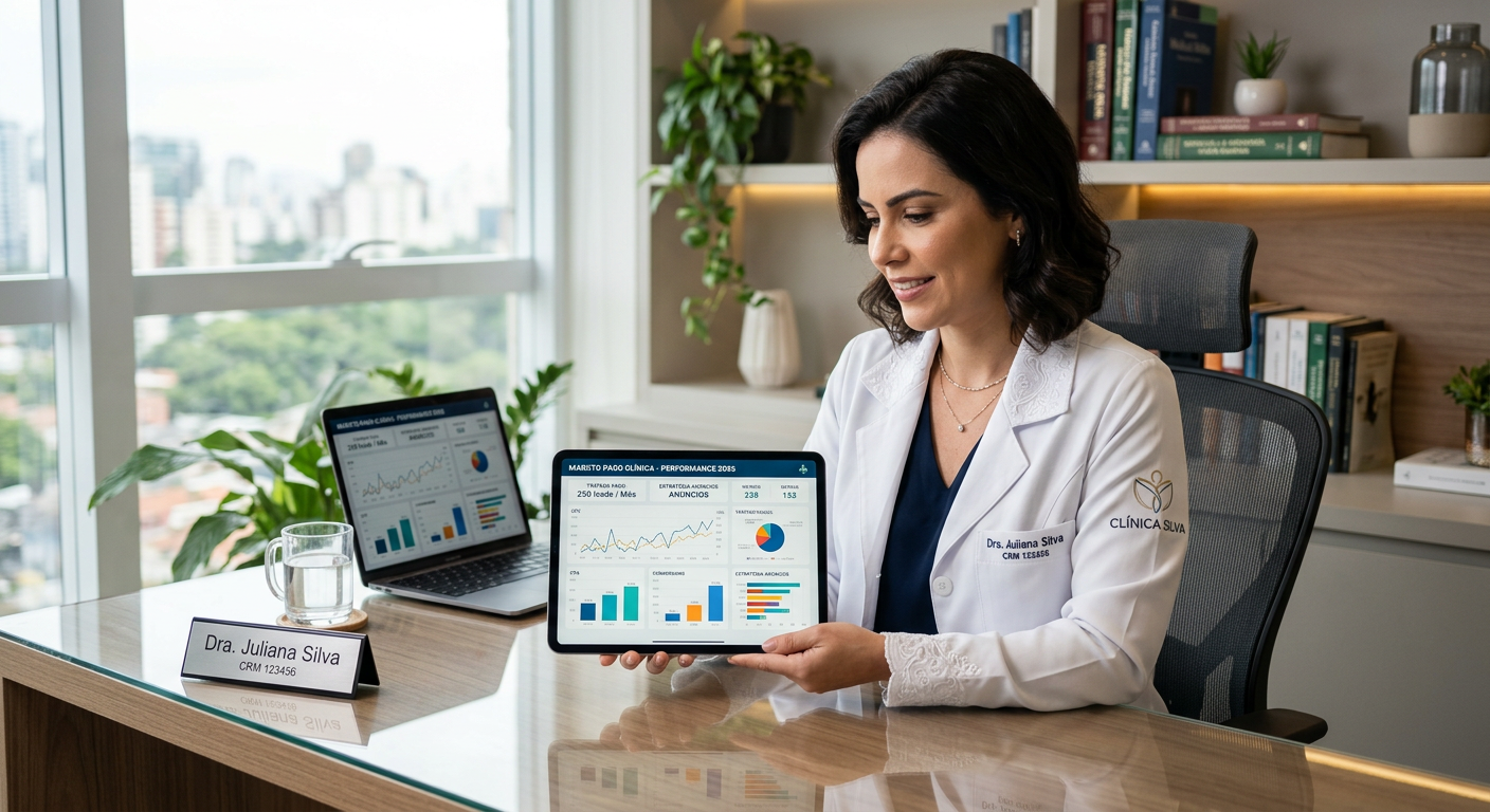 Médico analisando dados de tráfego pago em um tablet moderno em seu consultório em 2026 | tráfego pago marketing para médicos