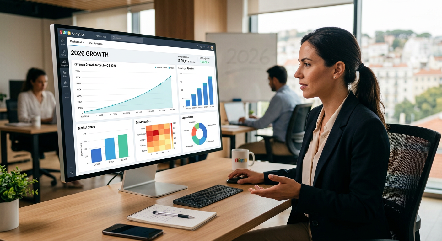 Professional business dashboard showing Zoho cloud software analytics for 2026 growth