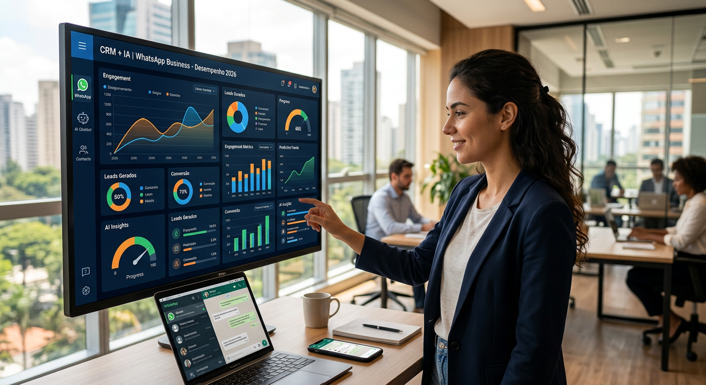 Dashboard moderno de um CRM com inteligência artificial no WhatsApp mostrando métricas de vendas em 2026
