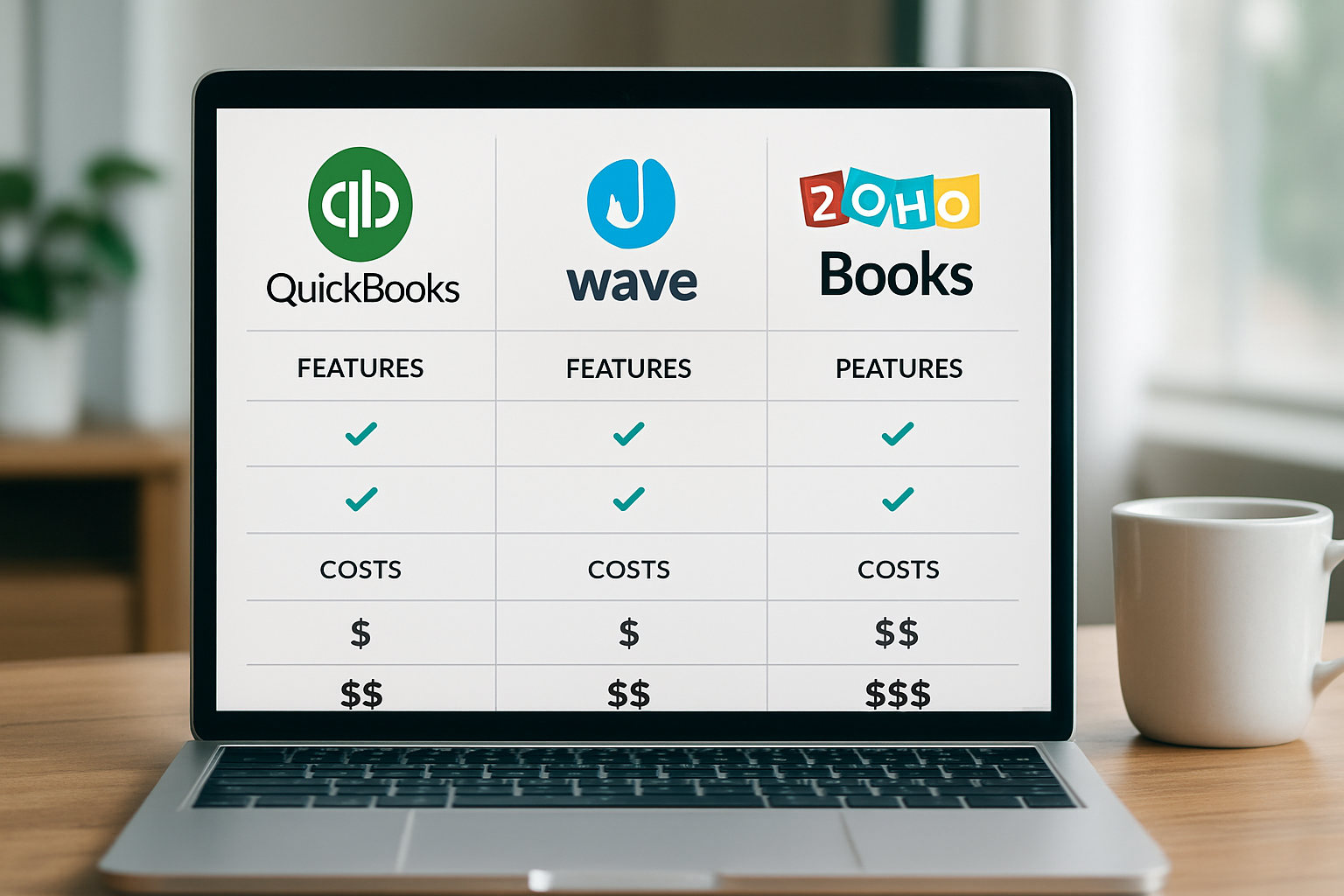 Side-by-side comparison of QuickBooks vs Wave vs Zoho Books features and costs 2026