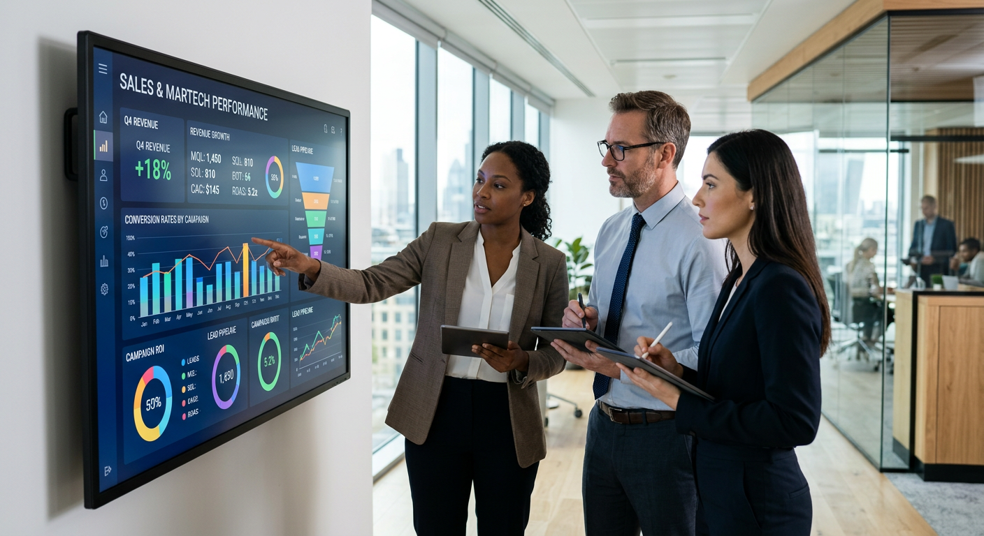 Executivos analisando métricas de martech para vendas em um painel digital de alta tecnologia
