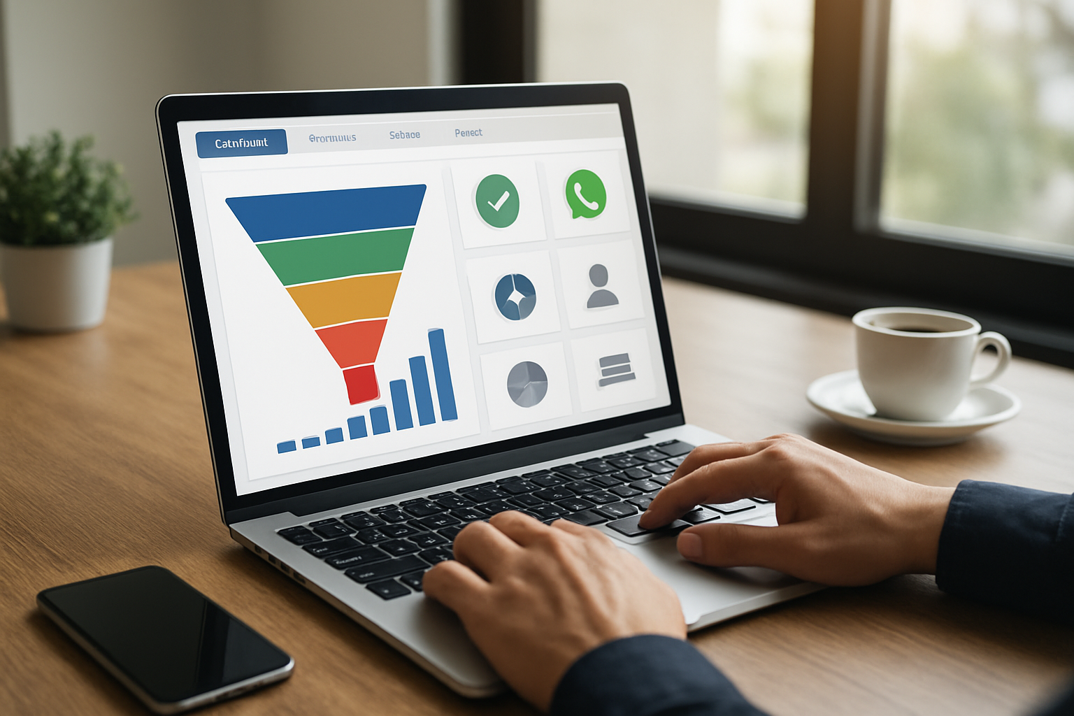 Dashboard centralizado de plataforma de gestão de clientes mostrando funil de vendas e integrações com WhatsApp