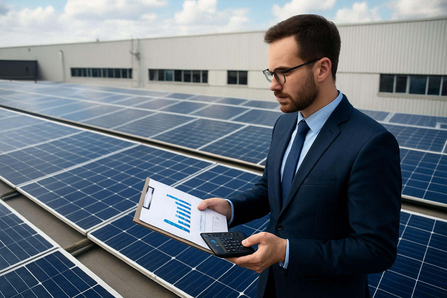 painel solar em telhado industrial calculando retorno do investimento em energia renovável para empresas