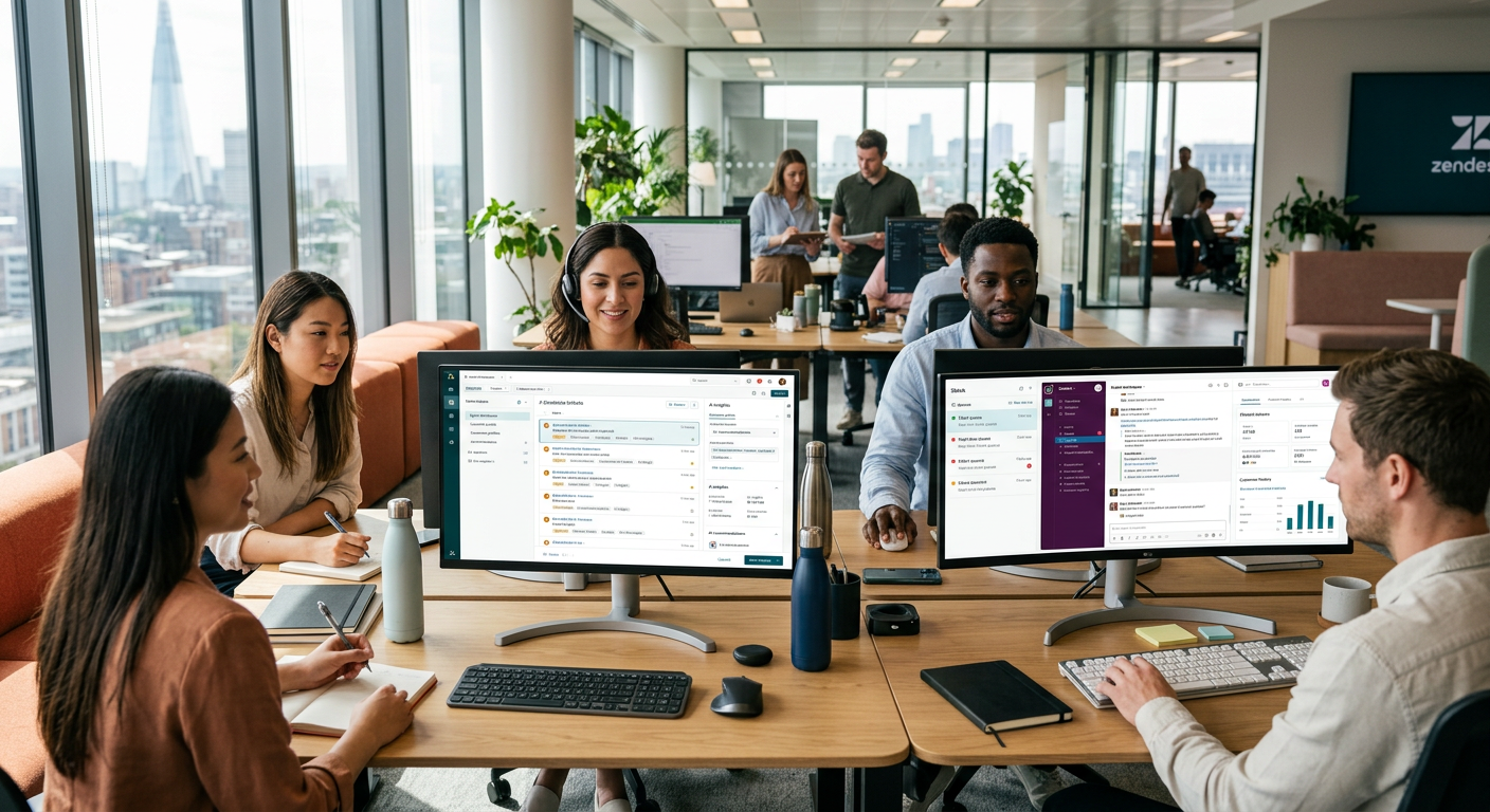 Modern business office using Zendesk AI service platform on multiple screens in 2026