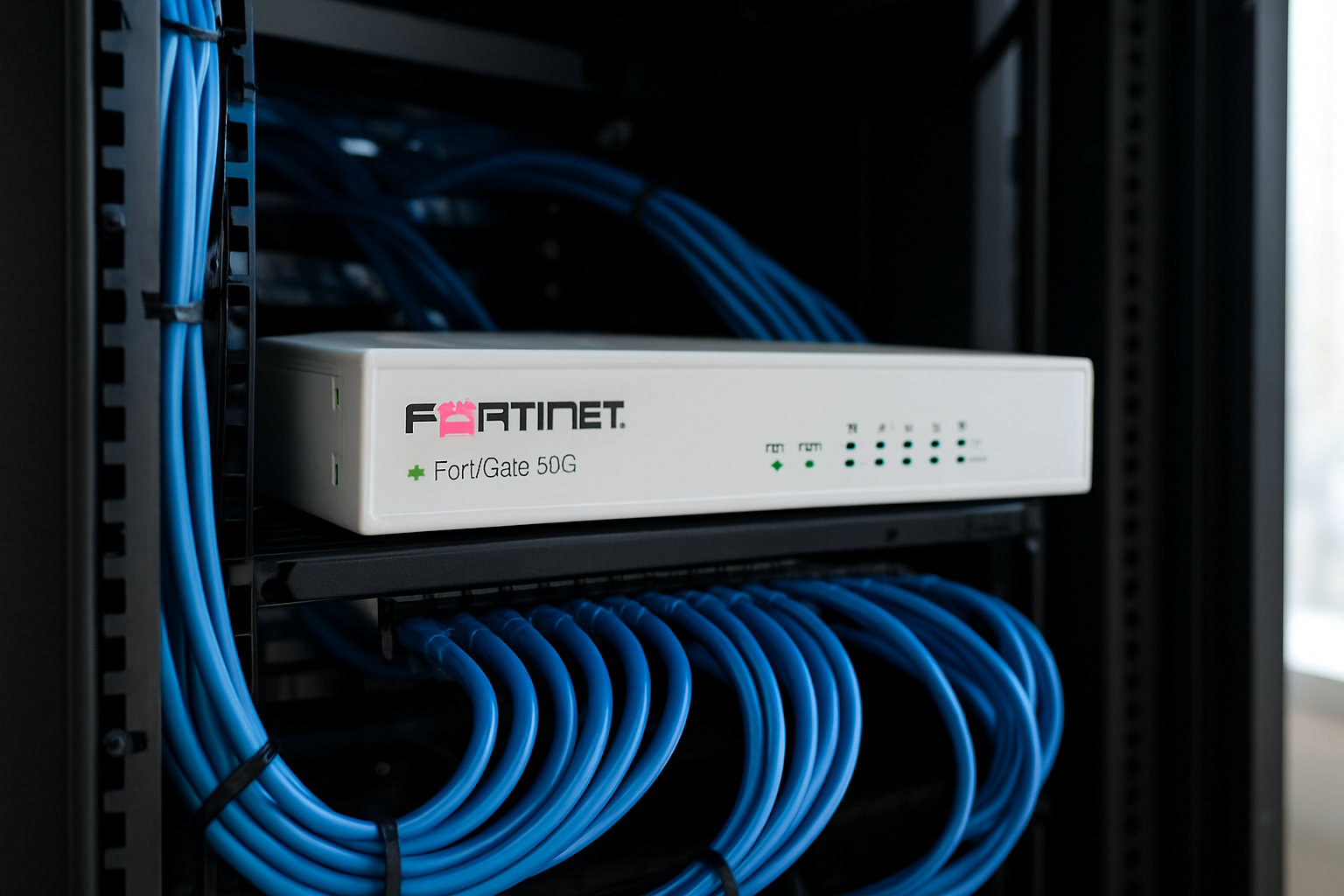 FortiGate 50G em rack de rede protegendo a borda com firewall NGFW