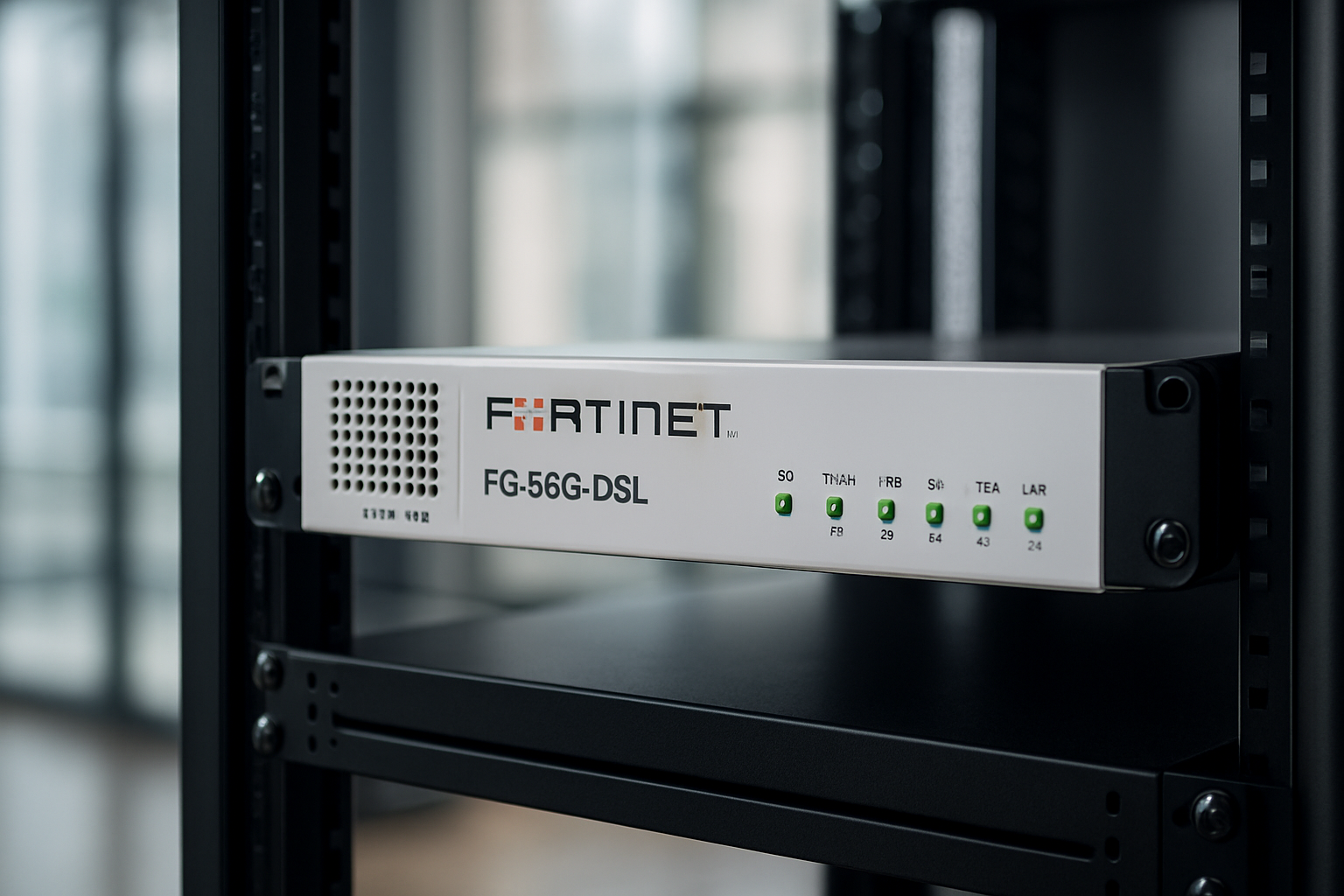 Equipamento FG 50G-DSL FortiGate em rack corporativo com foco em segurança de rede