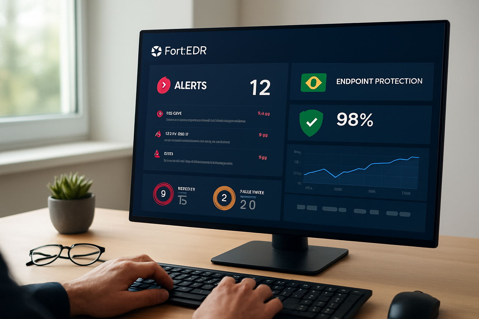 Painel de gestão FortiEDR mostrando alertas e proteção de endpoints para empresas brasileiras em 2026
