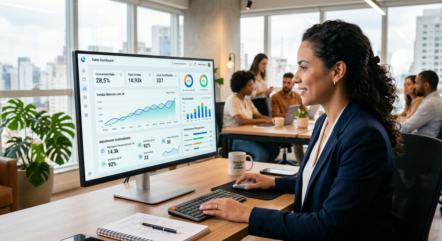 Dashboard de uma plataforma de vendas com IA mostrando métricas de conversão e atendimento automatizado