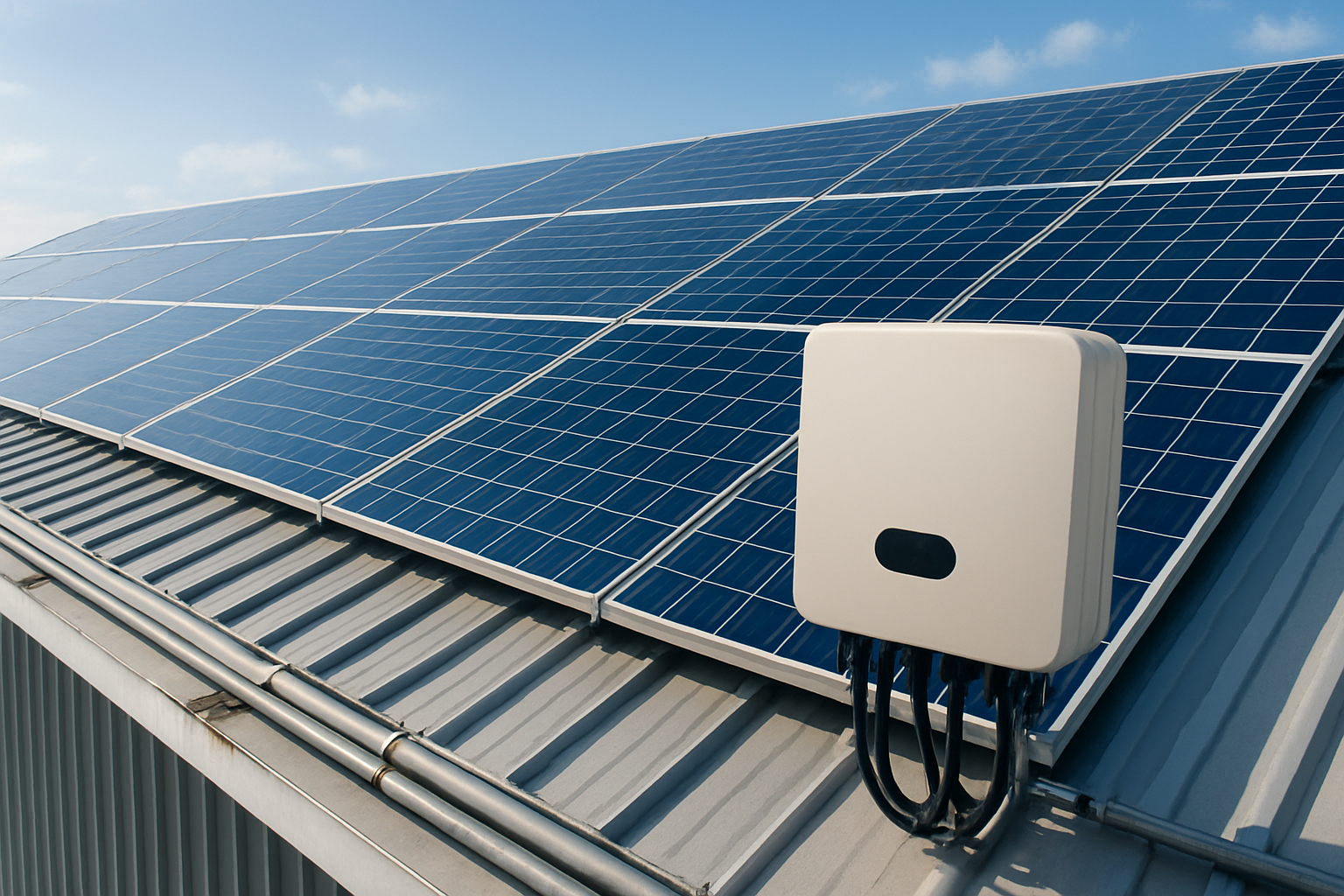 Painéis solares em telhado comercial integrados ao sistema elétrico com foco em integração de sistemas fotovoltaicos
