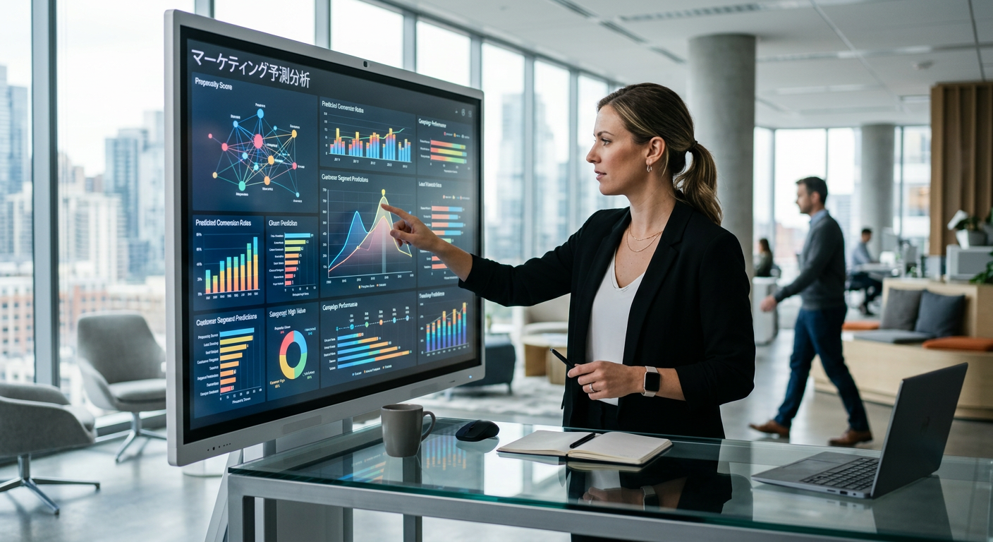 Estrategista analisando dados de análise preditiva marketing em uma tela digital de alta tecnologia