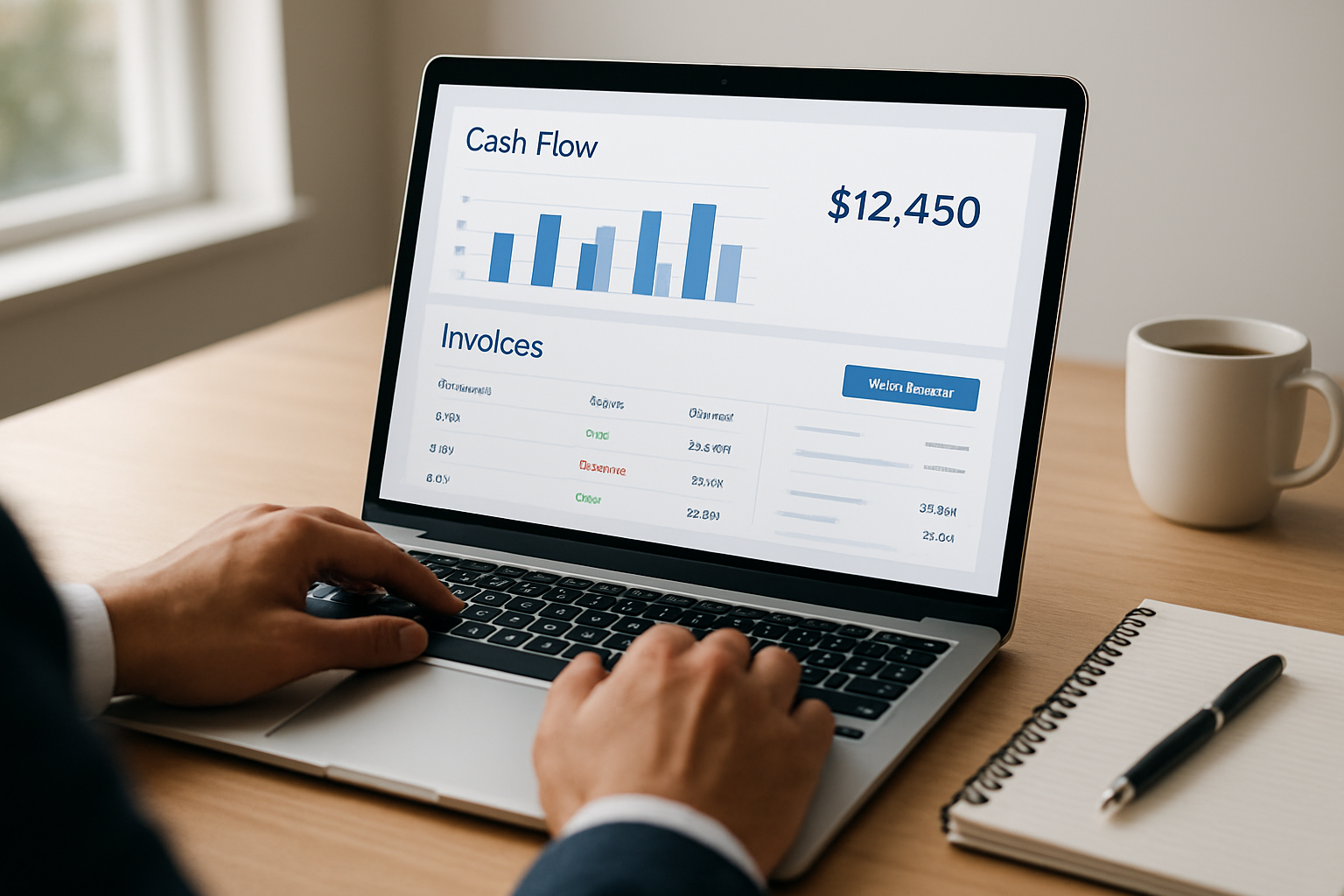 SMB accounting and invoicing automation dashboard showing cash flow and invoices