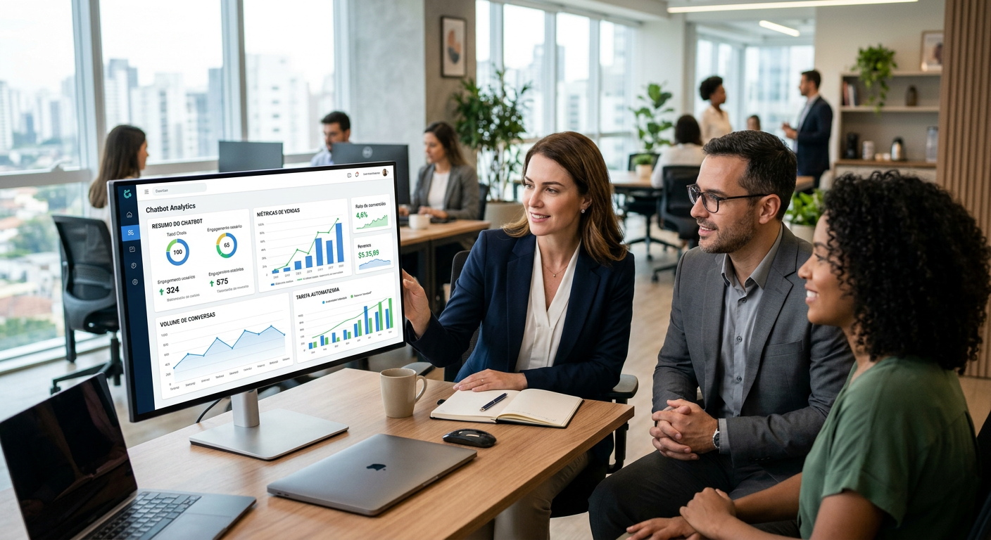 Interface de dashboard de chatbot para empresas mostrando métricas de vendas e conversas automatizadas