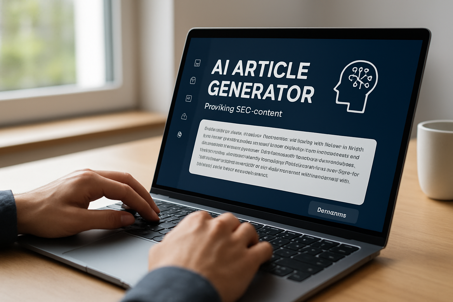 Interface de gerador de artigos com IA criando conteúdo SEO rápido para blog corporativo em 2026