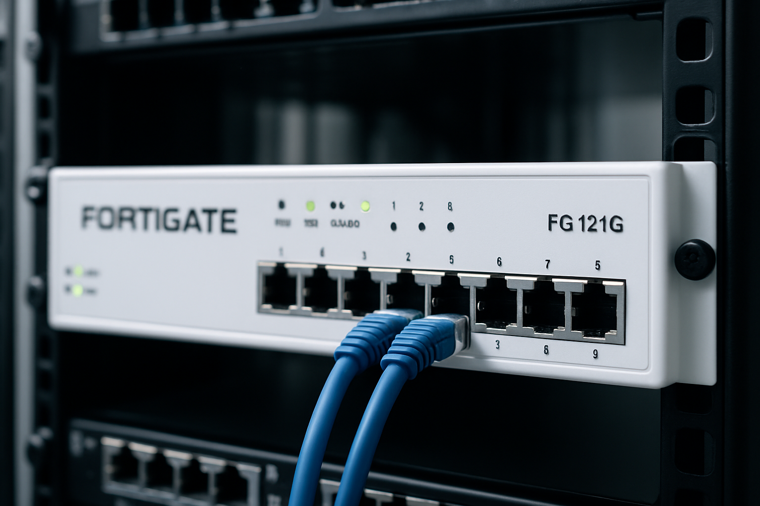 Firewall FortiGate FG 121G em um rack de servidor, simbolizando segurança de rede robusta para 2026