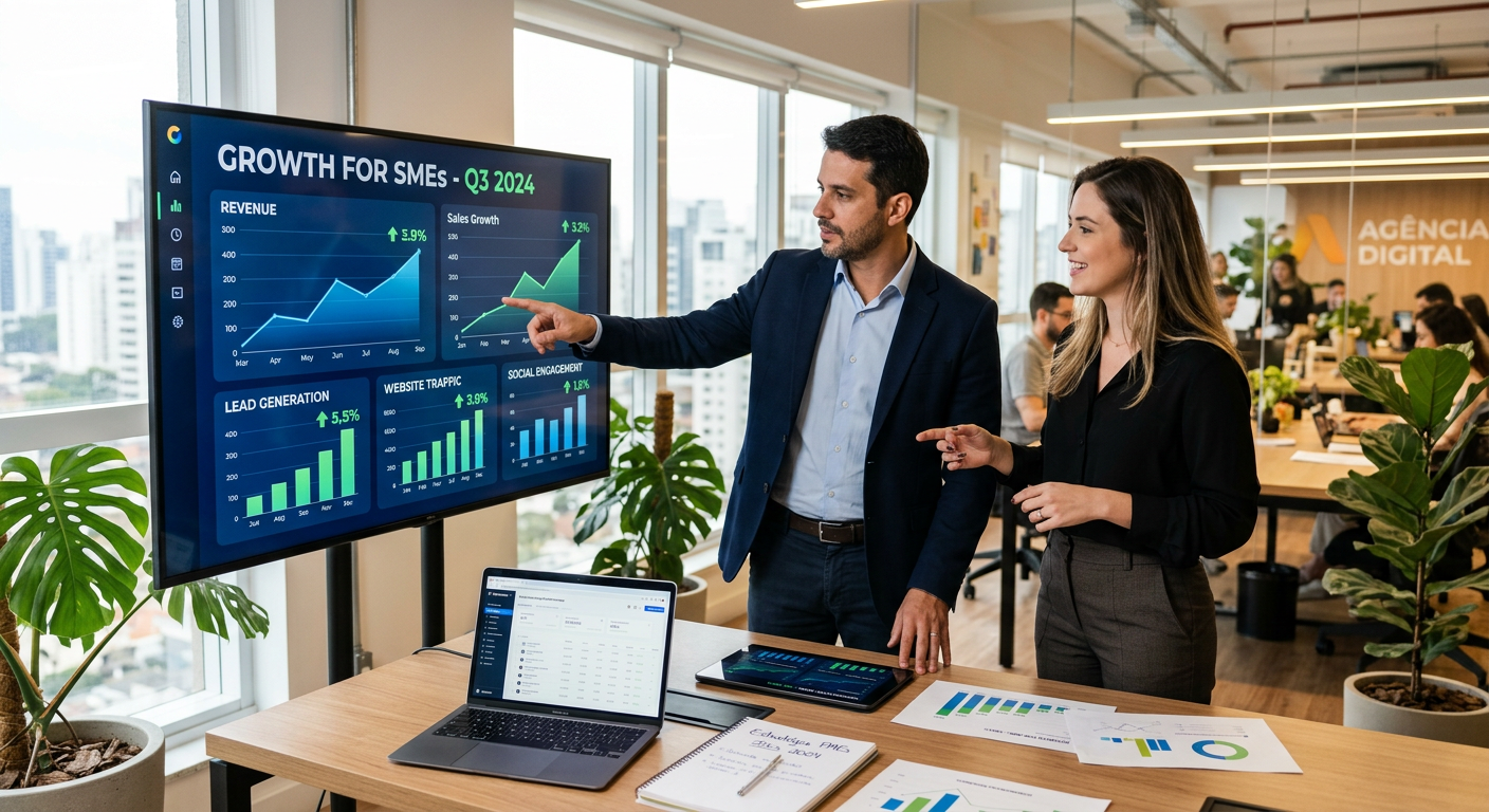 Empresário analisando gráficos de crescimento em uma agência de marketing digital para PMEs