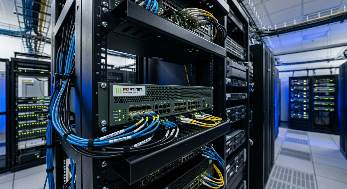 Firewall FortiGate 3601E em um rack de data center moderno com luzes de status ativas em 2026