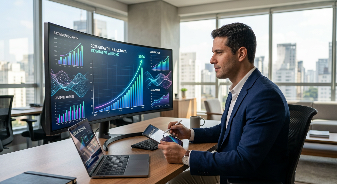 Empresário analisando gráficos de crescimento impulsionados por inteligência artificial generativa em 2026