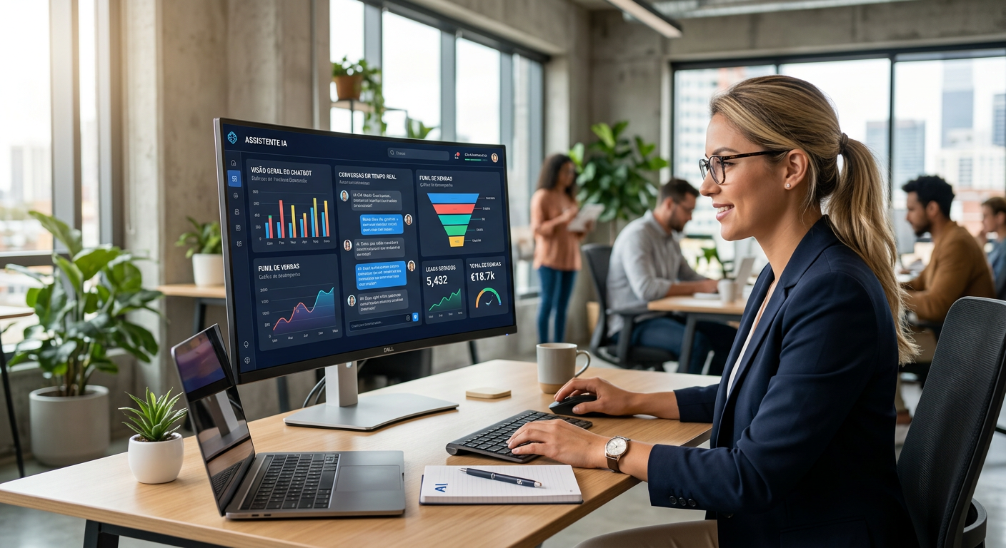 Interface de um chatbot inteligente gerenciando conversas de vendas e métricas em um dashboard moderno