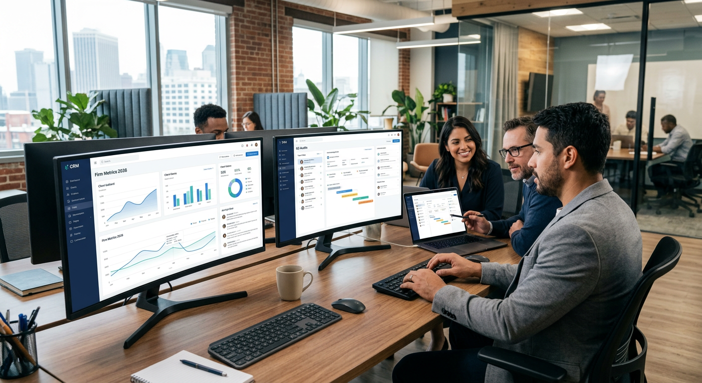 Modern accounting office using CRM software for accounting firms 2026 on multiple screens
