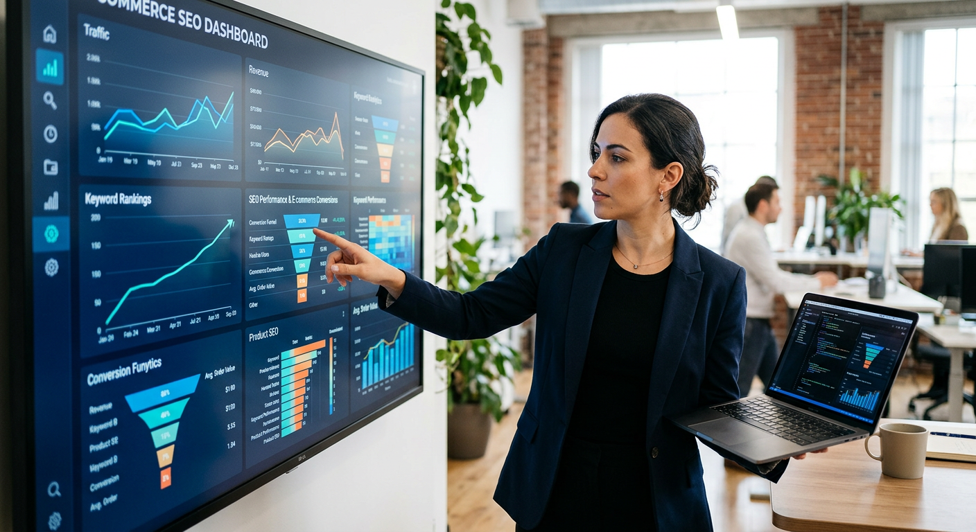 Estrategista analisando métricas de SEO estratégico para e-commerce em um painel digital moderno