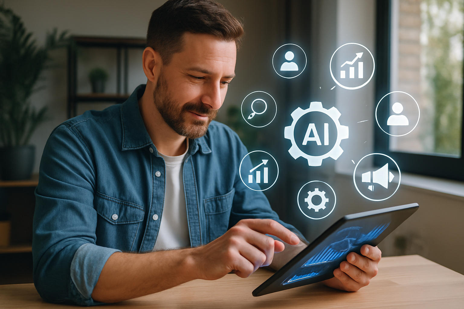 Empresário de pequena empresa utilizando um tablet com gráficos de marketing digital e ícones de IA flutuando ao redor, | mar
