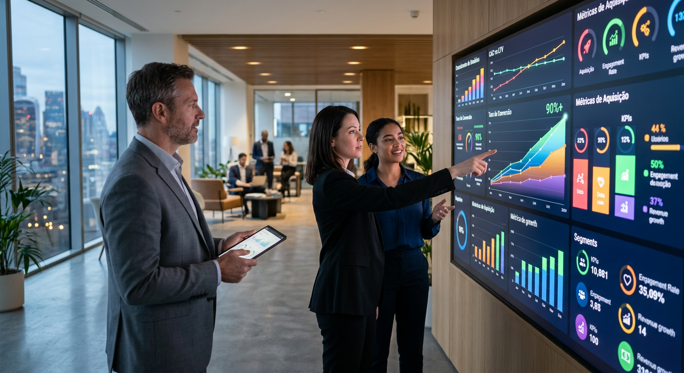 Executivos analisando métricas de estratégias de crescimento growth marketing em um painel digital moderno