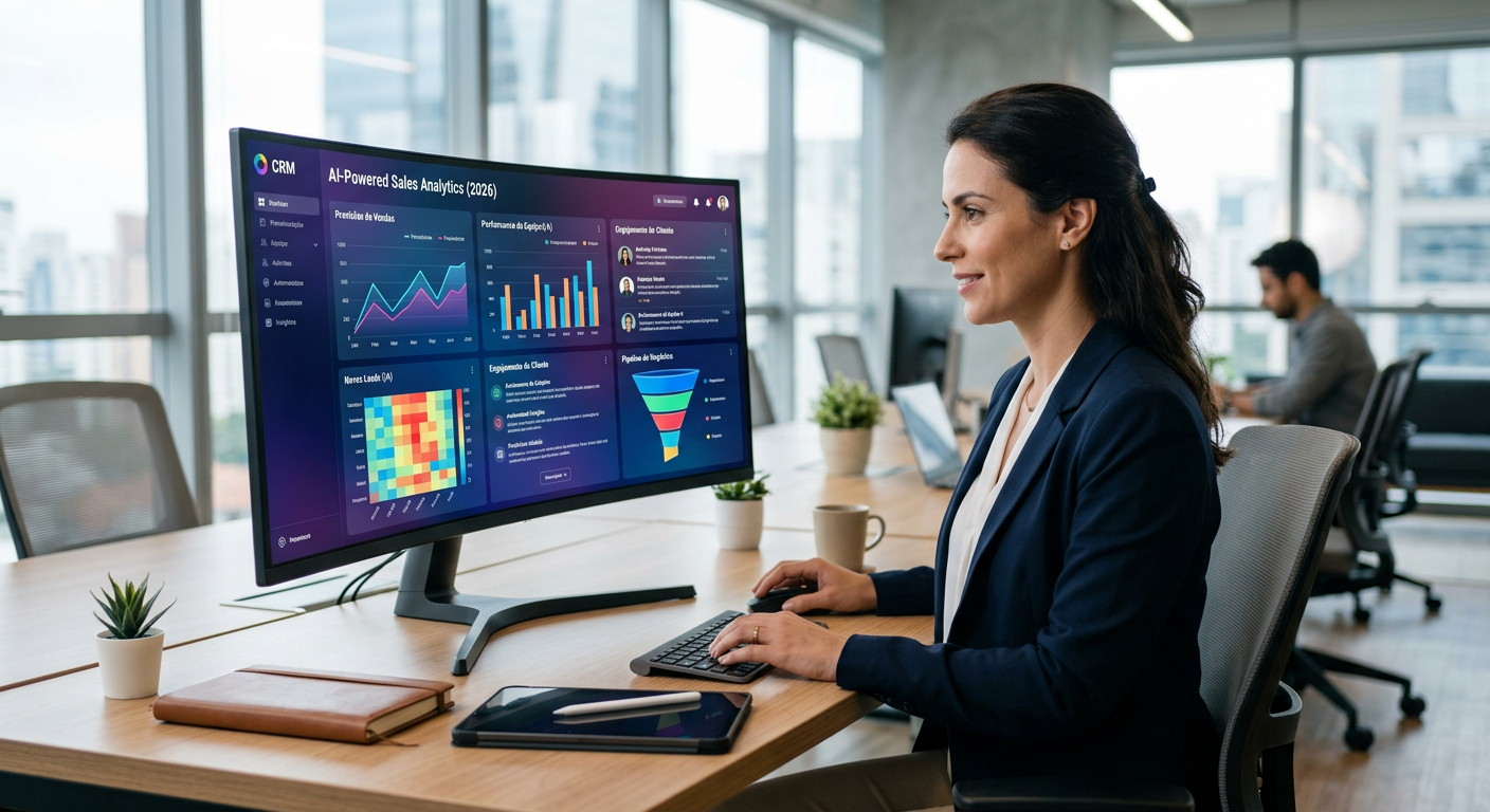 Dashboard de vendas moderno mostrando métricas de crm inteligência artificial em 2026