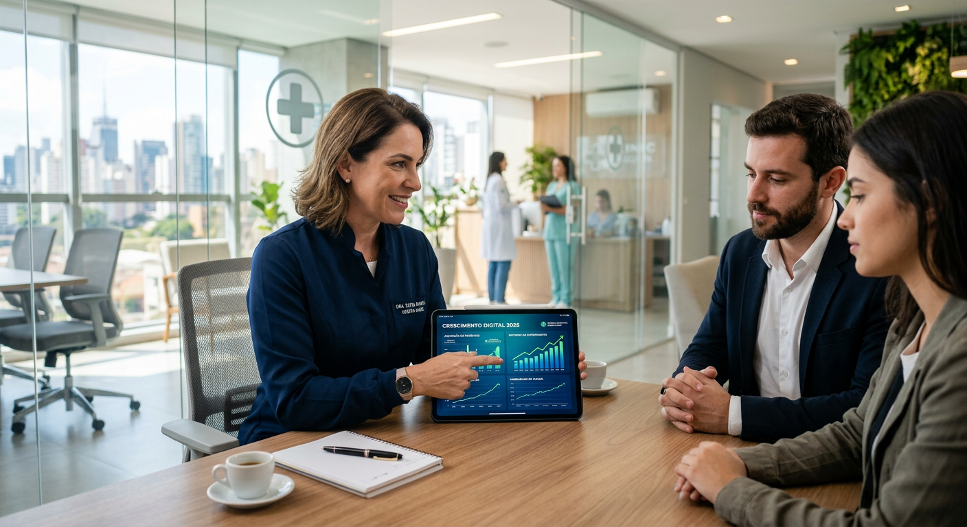 Médico utilizando tablet com gráficos de crescimento digital em uma clínica moderna em 2026 | agência marketing digital saúde