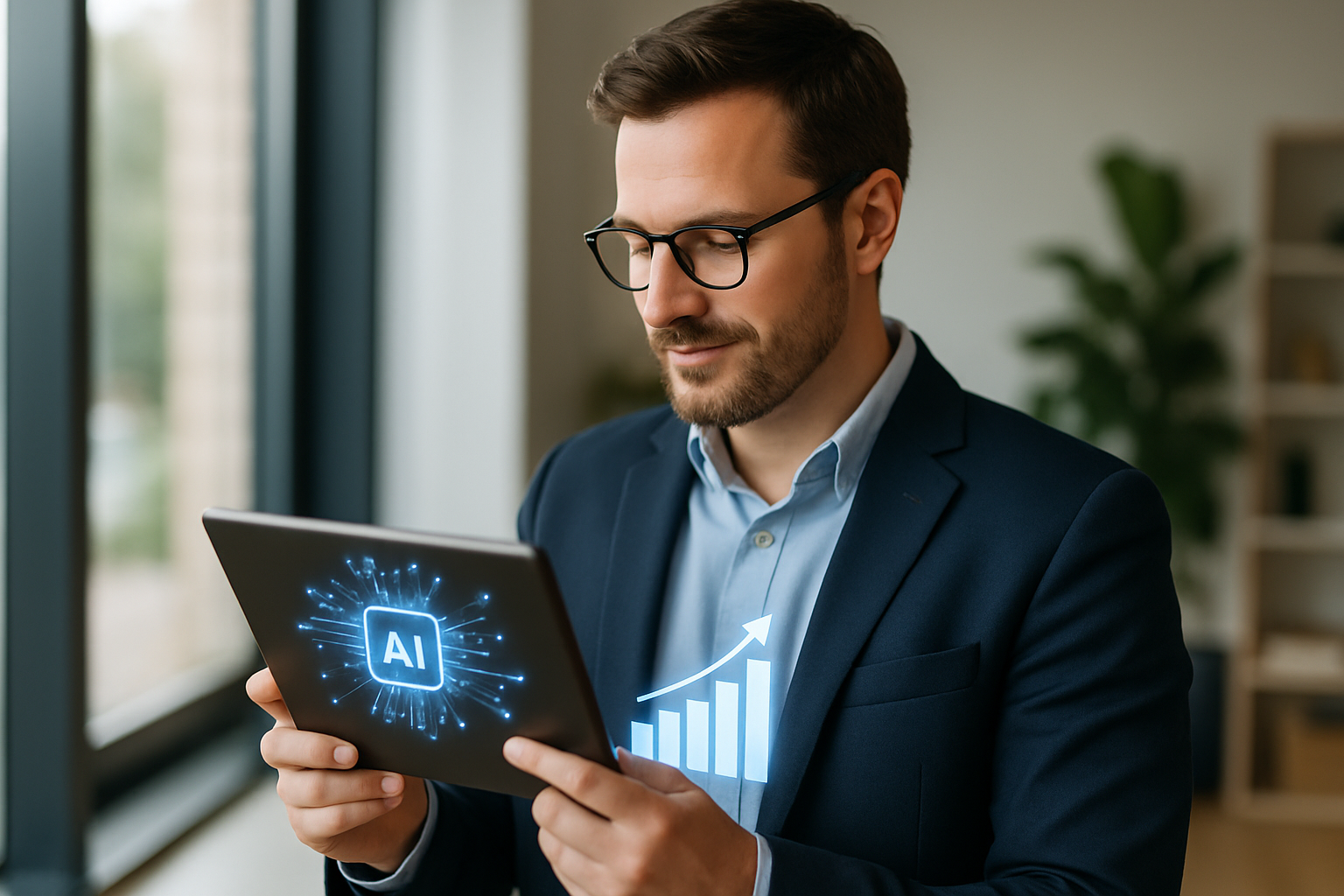 Empresário de média empresa utilizando um tablet com gráficos de IA e crescimento, simbolizando a aplicação de inteligência |