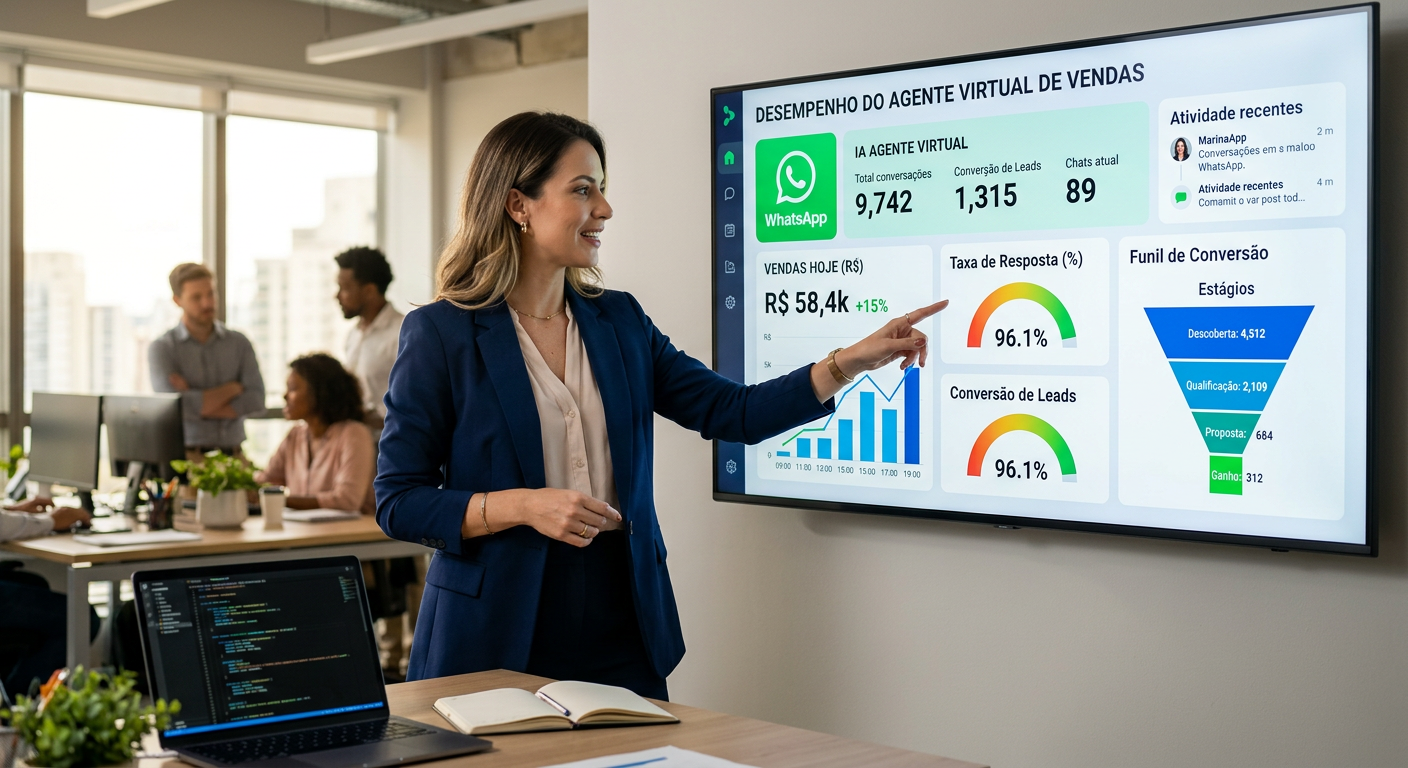 Dashboard moderno mostrando métricas de um agente virtual de vendas integrado ao WhatsApp em 2026