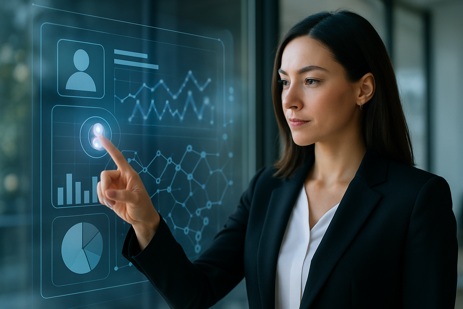 Mulher de negócios interagindo com um painel de dados futurista, simbolizando a personalização de marketing com IA em 2026.