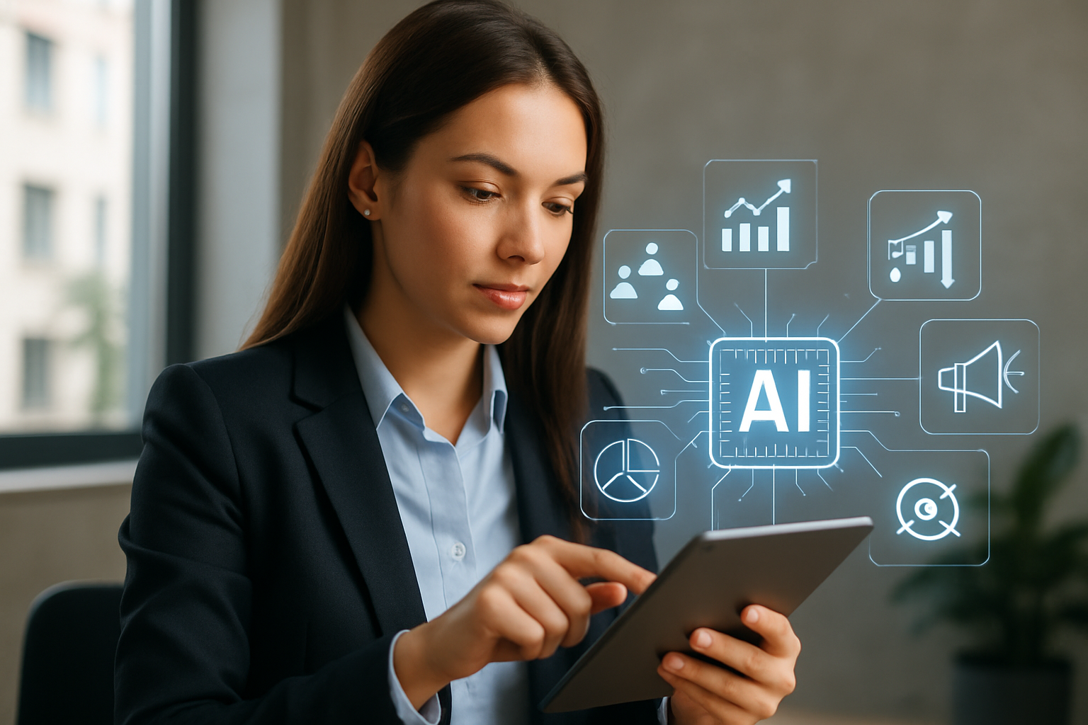 Mulher de negócios usando um tablet com gráficos de IA e marketing digital, simbolizando o software de marketing com IA em