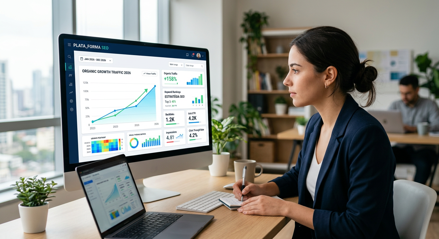 Interface moderna de uma plataforma SEO mostrando gráficos de crescimento de tráfego orgânico em 2026