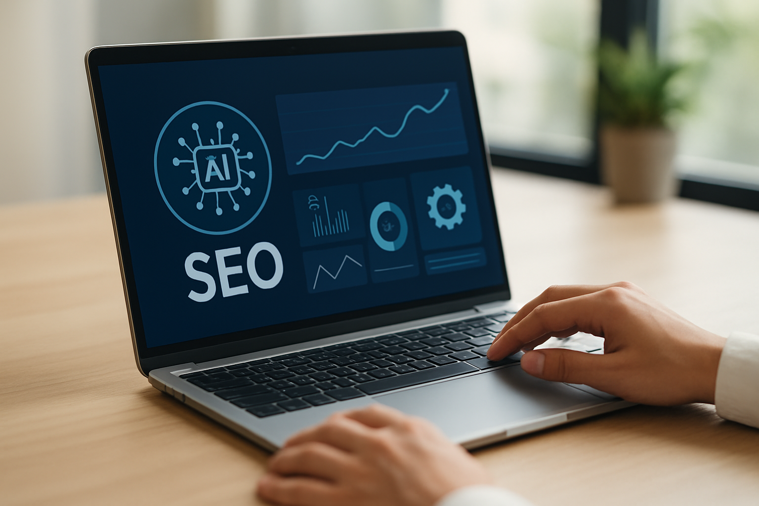 Capa sobre plataforma de IA para SEO com painel de métricas e automação