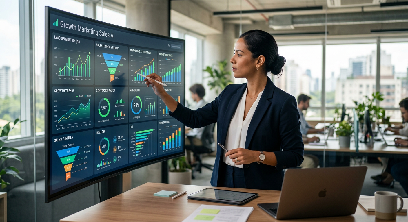 Estrategista analisando dados de growth marketing vendas IA em um painel digital moderno