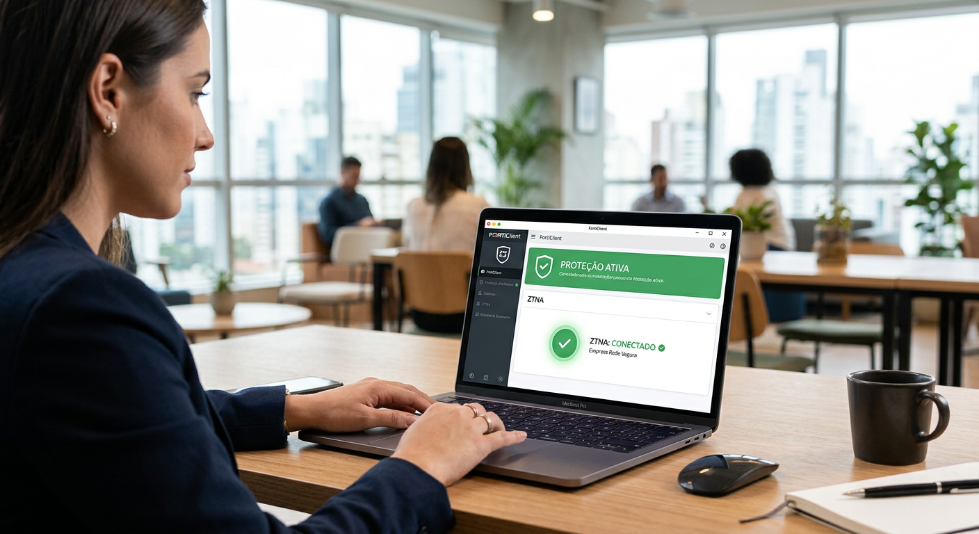 Interface do software FortiClient exibindo status de proteção e conexão ZTNA em um laptop corporativo moderno