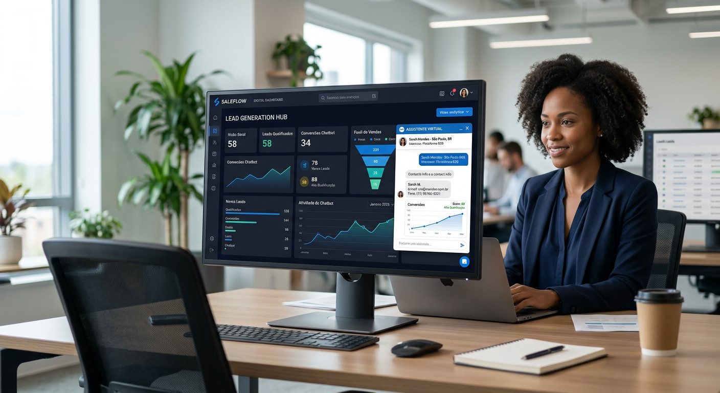 Interface de um chatbot para geração de leads integrado a um dashboard de vendas moderno em 2026