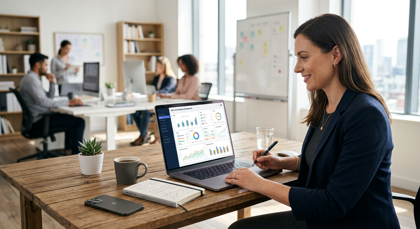 Professional business owner using all-in-one software to manage tasks and finances on a laptop