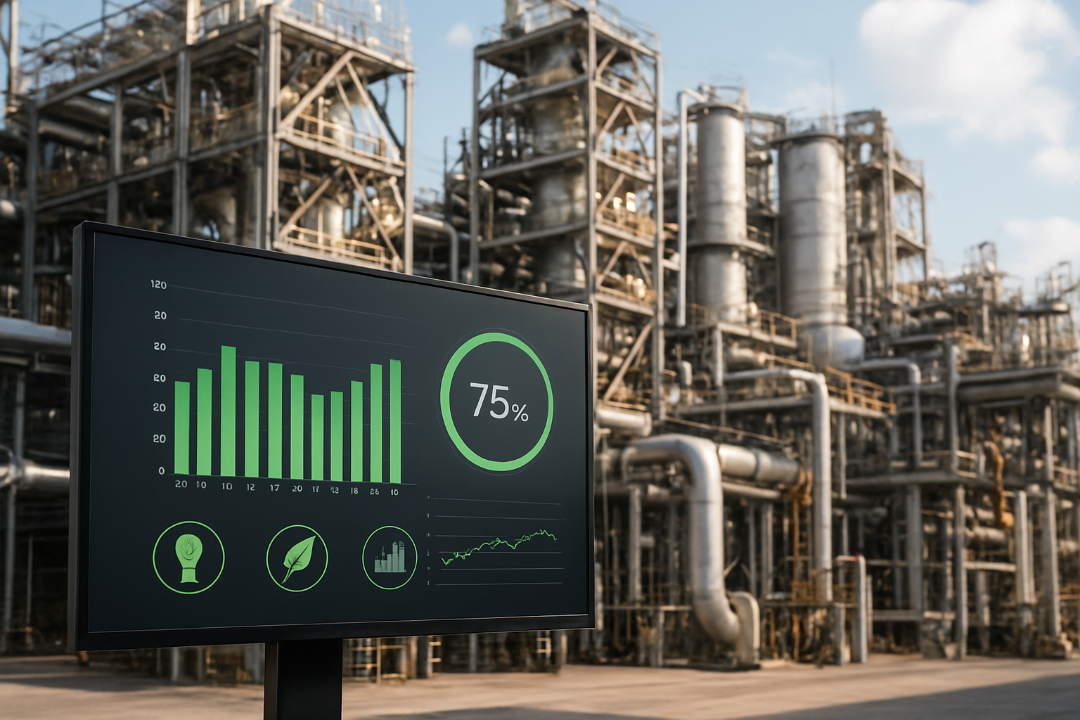 Planta industrial com painel de monitoramento e indicadores de eficiência energética na indústria