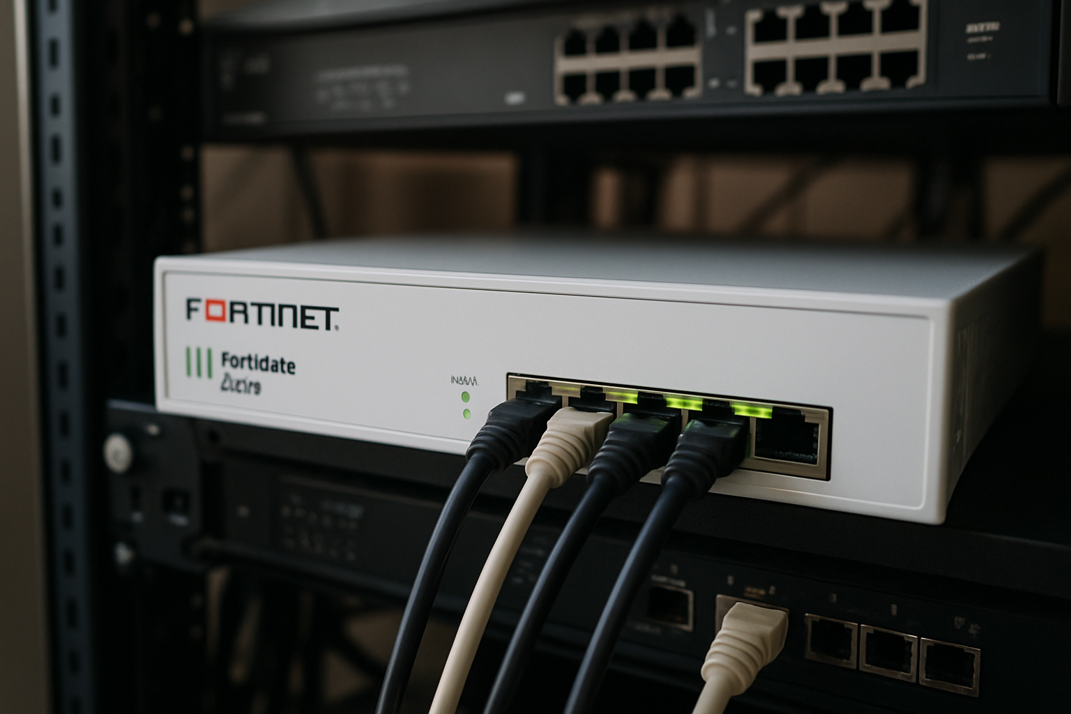 Equipamento FortiGate FG 30G instalado em rack de rede protegendo infraestrutura