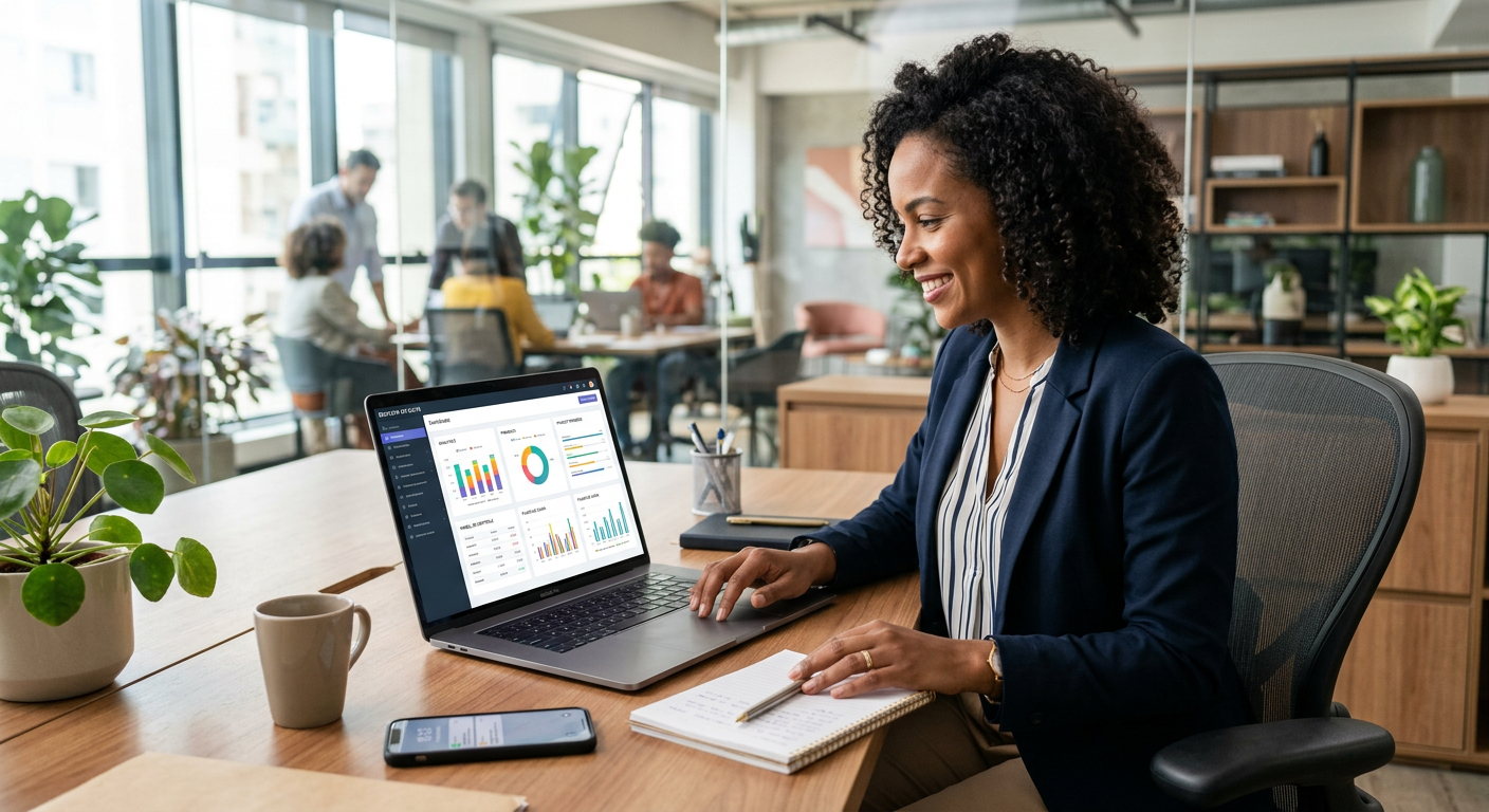 A modern entrepreneur using a unified business operations suite to manage finances and projects on a laptop.