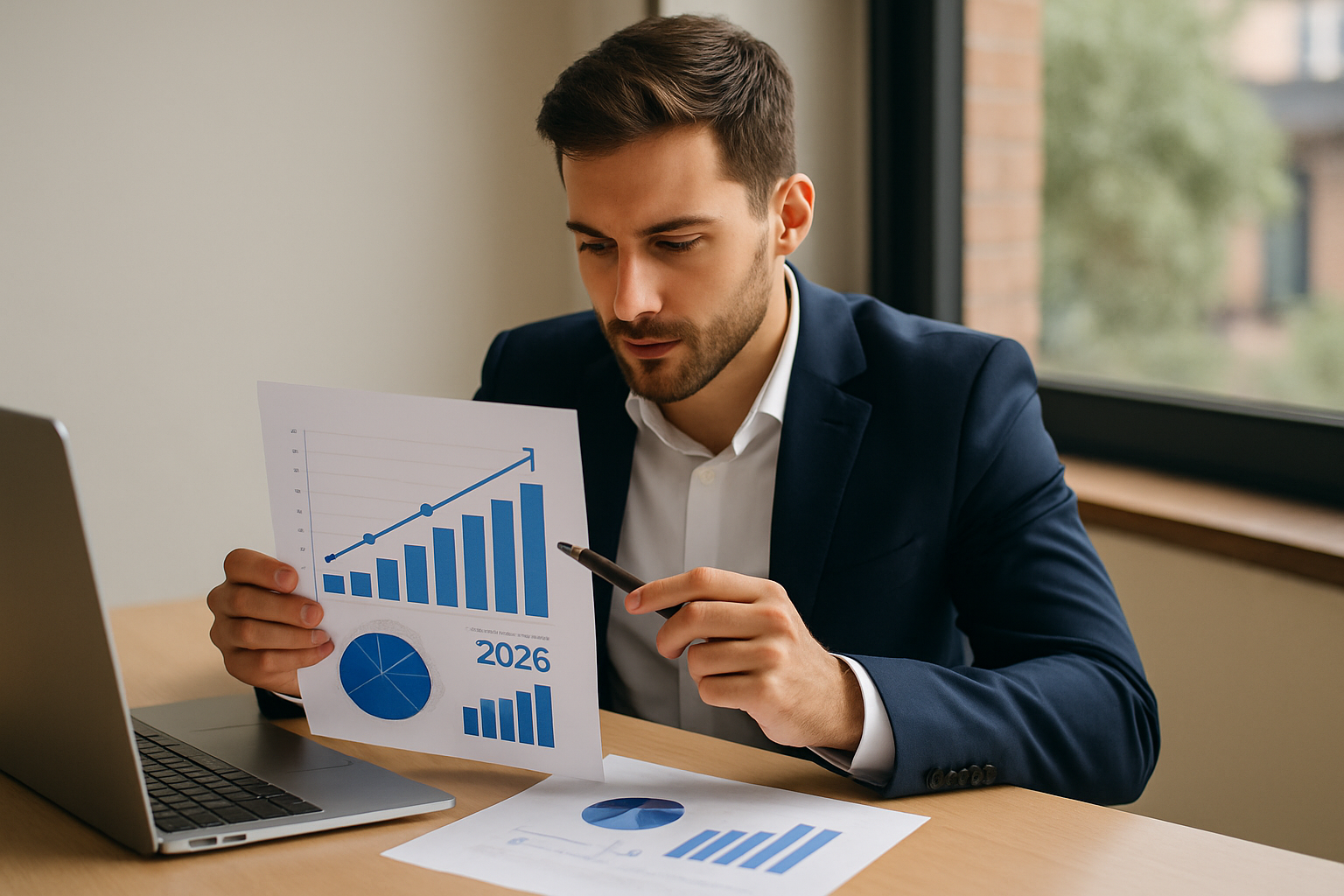 Empresário analisando gráficos de gestão de performance e crescimento em 2026