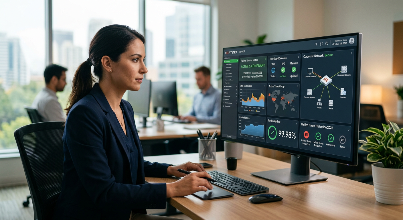 Painel de controle digital exibindo status de licença Fortinet e proteção de rede em 2026