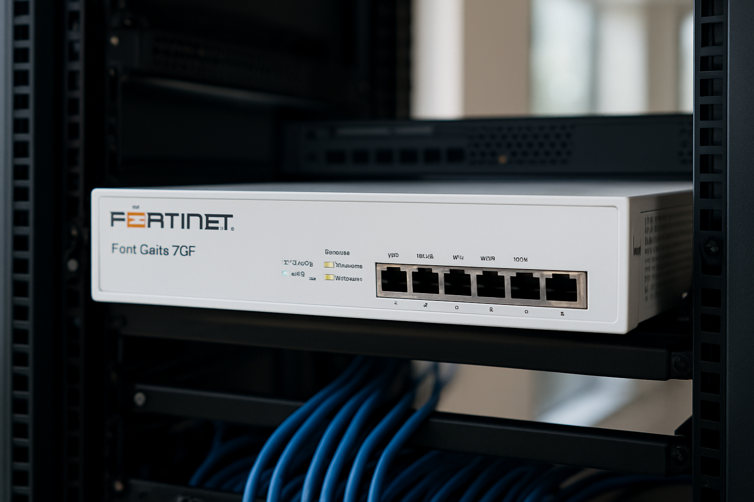 Fortigate 70F em rack corporativo mostrando proteção e performance do