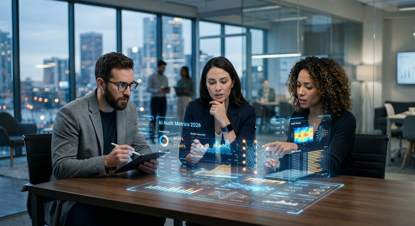 Estrategistas analisando dados de auditoria IA em uma tela holográfica de alta tecnologia em 2026