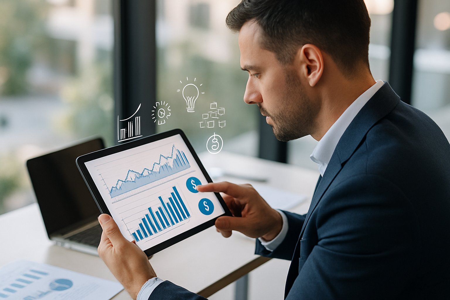Profissional de consultoria Sales Ops analisando dados de vendas em um tablet com gráficos e ícones de inteligência