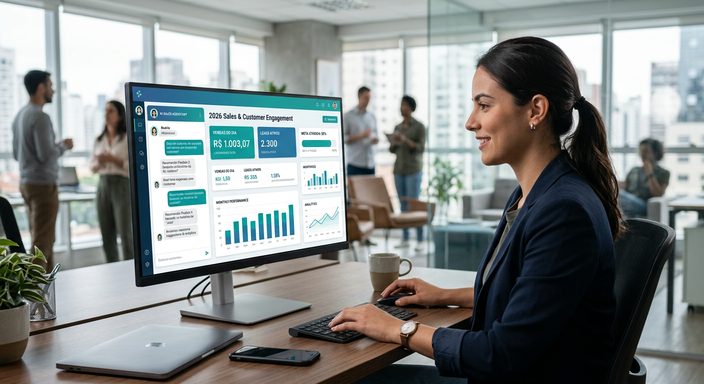 Interface de um chatbot personalizado integrado a um dashboard de vendas moderno em 2026